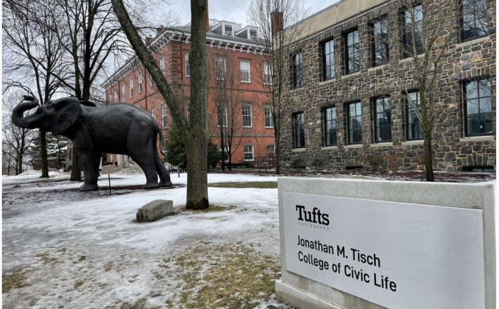 The Jonathan M. Tisch College of Civic Life is pictured next to Jumbo on Feb. 8. Cora Hartmann / The Tufts Daily - Circule
