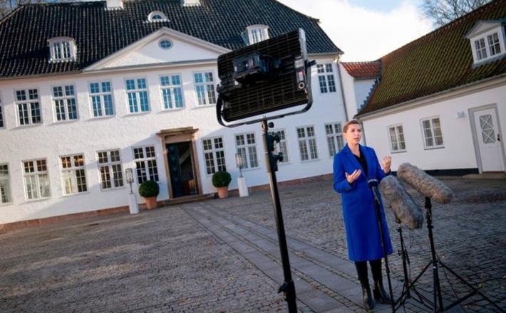 Denmark's Prime Minister Mette Frederiksen gives a statement outside the Prime Minister Residence in Kongens Lyngby, Denmark, on Nov. 2020. (LISELOTTE SABROE/RITZAU SCANPIX/AFP/GETTY IMAGES)