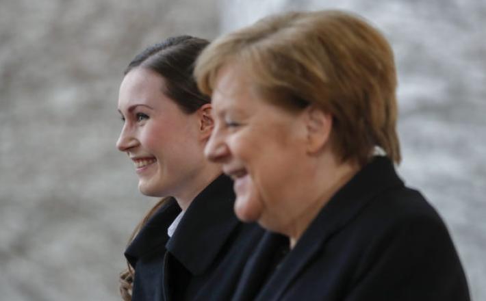 German Chancellor Angela Merkel (R) greets Finland’s Pime Minister Sanna Marin prior to talks on Feb. 19, 2020 at the Chancellery in Berlin. Image: AFP/Odd Andersen via ETX Studio  Read more: https://newsinfo.inquirer.net/1402075/vote-for-women-they-may-b