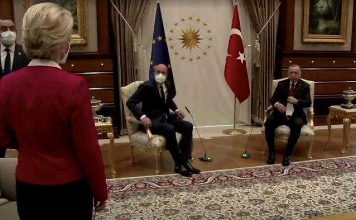 European Commission president Ursula von der Leyen stands as European Council president Charles Michel, centre, and Turkish president Tayyip Erdogan take seats in Ankara © via REUTERS