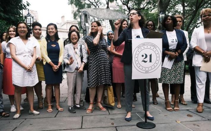 Women gather in front of City Hall to celebrate the first-ever female majority on New York City Council the 2021 primaries. Spencer Platt/Getty Images