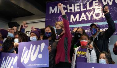 Boston Mayor Michelle Wu stands with Massachusetts Senator Elizabeth Warren.Photographer: Allison Dinner/Bloomberg