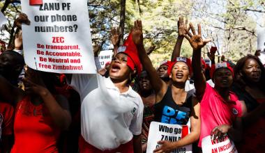Zimbabwe main opposition party the Movement for Democratic Change (MDC) Alliance supporters lead by Nelson Chamisa march for electoral reforms to the Zimbabwe Electoral Commission (ZEC) in the streets of the capital Harare. (Photo by Jekesai Njikizana/AFP