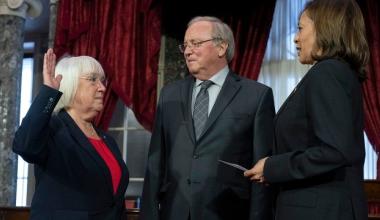 Sen. Patty Murray, D-Wash., is ceremonially sworn in by Vice President Kamala Harris in the Old Senate Chamber on Capitol Hill in Washington on Jan. 3, 2023, as Murray’s husband, Rob Murray, looks on. She is the first woman to be Senate president pro temp