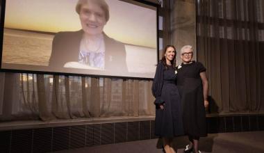 All three women prime ministers celebrate Parliament's equality milestone. L-R: Helen Clark on video link, Prime Minister Jacinda Ardern and Dame Jenny Shipley (Robert Kitchin/Stuff)