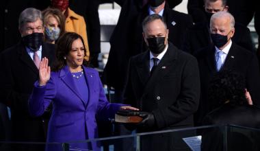 Kamala Harris is sworn in as vice president as her husband, Doug Emhoff, looks on at the U.S. Capitol on Jan. 20. Alex Wong / Getty Images