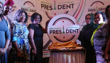 Rachel Shebesh, Nadia Ahmed, Betty Adera, Mary Mudachi and Emcee Vivian Taa during the launch of Ms President season 2 TV Reality show. [Elvis Ogina , Standard]