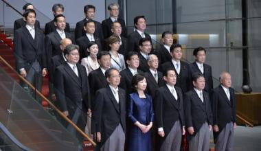 Photograph: David Mareuil/AP. Japan’s prime minister, Fumio Kishida (front centre), poses with his cabinet in Tokyo. The LDP is fielding just 33 female candidates in elections this month. 