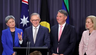 Prime Minister Anthony Albanese is seen here last week, speaking alongside (from left) Finance Minister Penny Wong, Deputy Prime Minster Richard Marles and Finance Minister Katy Gallagher. (David Gray/Getty Images)