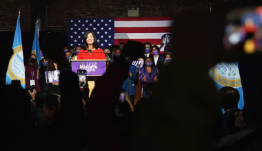 Michelle Wu speaks to supporters Wednesday night in Boston, Massachusetts. Photograph: Allison Dinner/Getty Images - The Guardian
