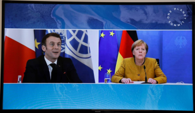 French President Emmanuel Macron and German Chancellor Angela Merkel attend a video conference at The Elysee Palace in Paris, France, January 11, 2021. Ludovic Marin/Pool via REUTERS