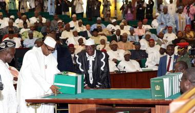  Nigerian President Muhammadu Buhari in the Nigerian Senate in 2015. There are very few women representatives. Sunday Aghaeze/AFP via Getty Images