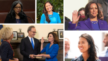 Clockwise from top left: Marilyn Strickland; Deb Haaland; Kamala Harris; Michelle Wu; and Kathy Hochul (Ms Magazine)