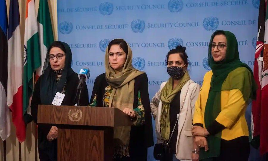 Speaking at the UN headquarters in October 2021, from left to right: Asila Wardak, Fawzia Koofi, Anisa Shaheed and Naheed Farid. Photograph: UN Women