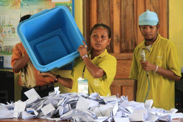 Election workers count ballots during the 2012 Timor-Leste presidential elections at a polling station in the capital Dili, March 17, 2021. Credit: Sandra Magno/UNDP