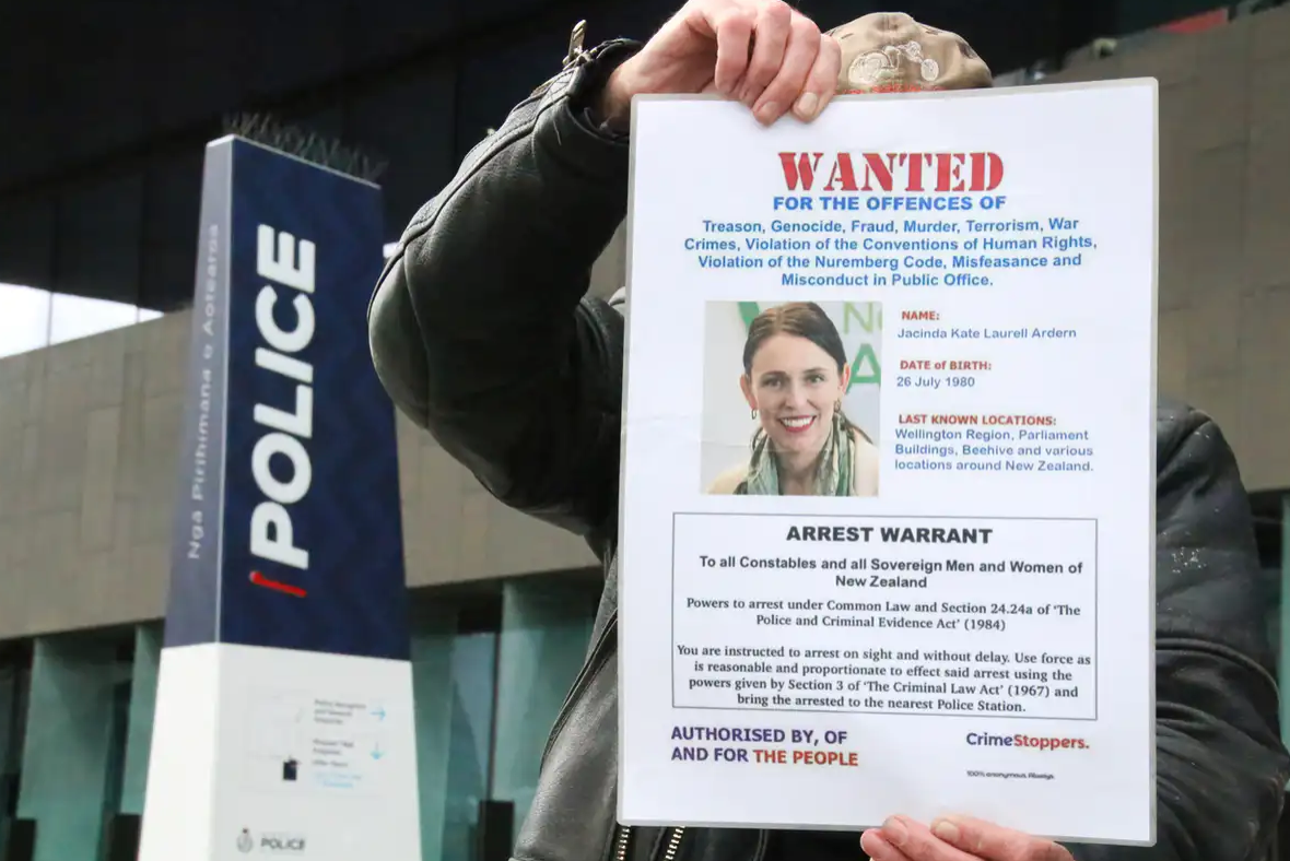 A protester with a fake arrest warrant in Christchurch. GettyImages 
