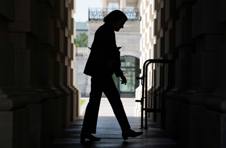 Sen. Dianne Feinstein arrives to the senate carriage entrance of the Capitol in April 2021. (TOM WILLIAMS/CQ-ROLL CALL/GETTY IMAGES)