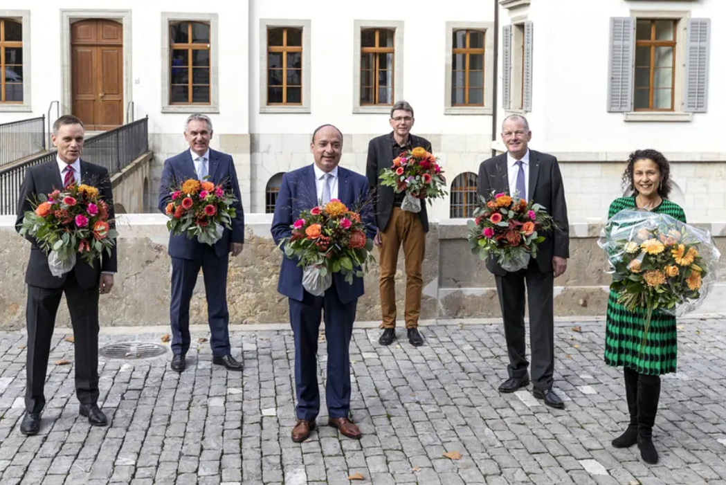 It's not unusual: The newly elected all-male Aargau government in October 2020, with its chancellor, Vincenza Trivigno