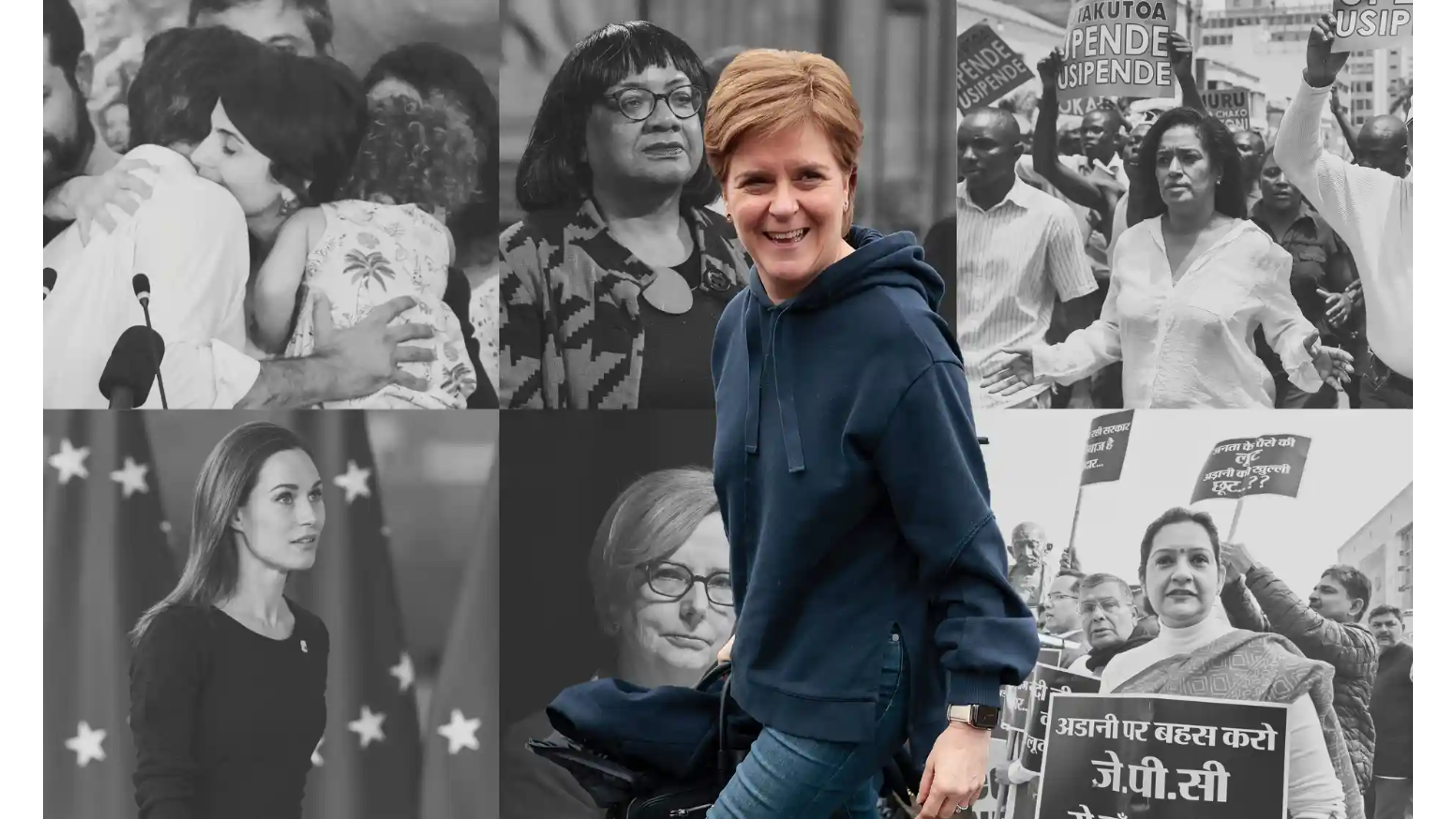 Female politicians from around the world face torrents of online abuse. Top row, left to right: Manuela d’Ávila, Diane Abbott, Esther Passaris; bottom row: Sanna Marin, Julia Gillard, Nicola Sturgeon and Priyanka Chaturvedi. Photograph: Jeff J Mitchell, A